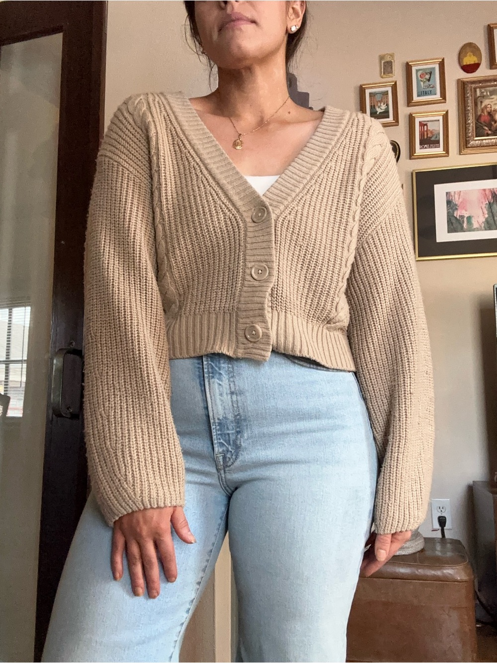 H&M Cropped Beige V-Neck Button Front Cardigan